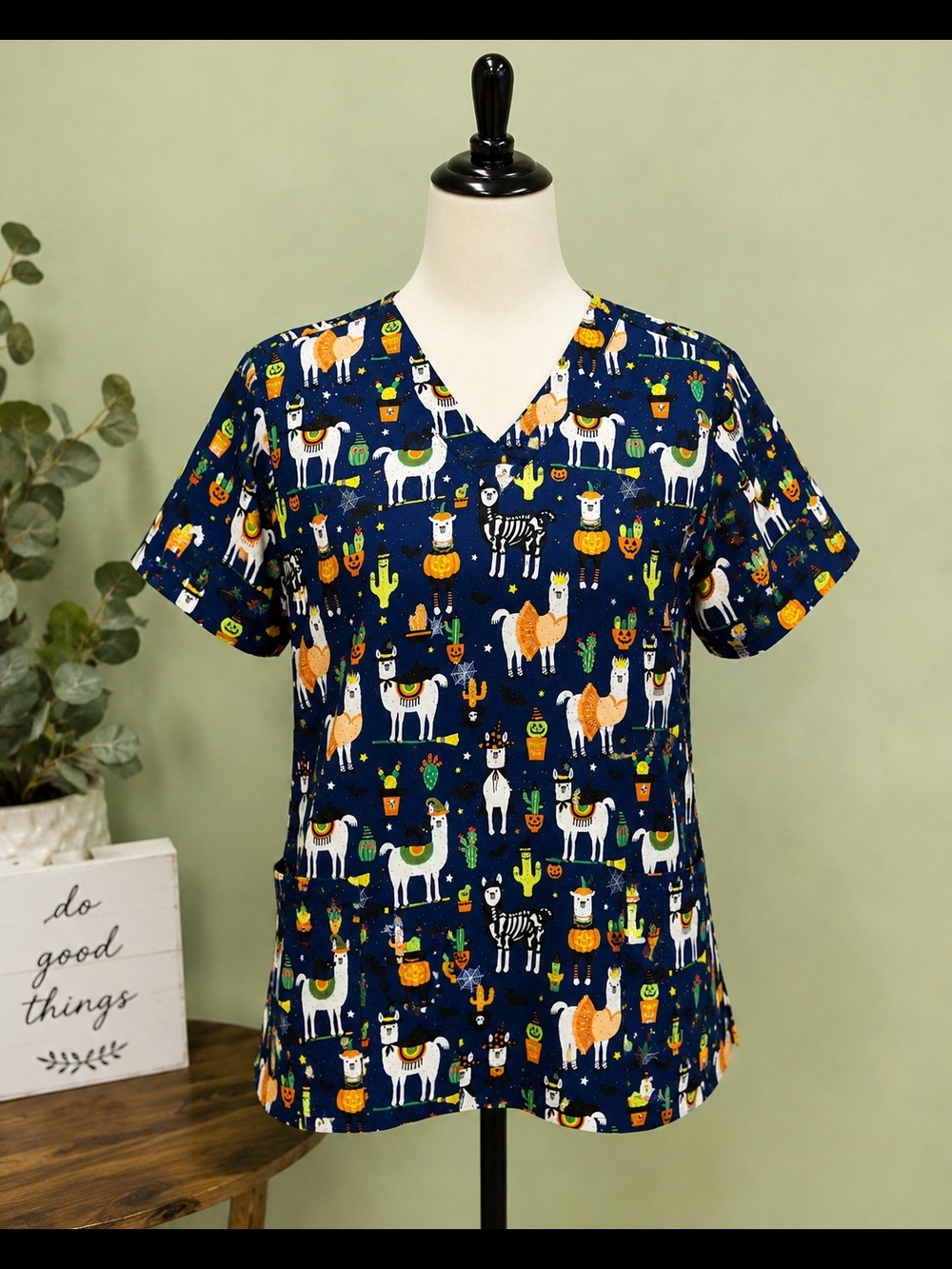 Serene Uniforms Scrub Top Womens M Halloween Llama Cactus Glitter Nurse V Neck